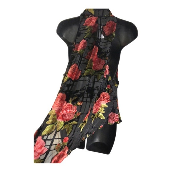 Free People black sheer velvet dark floral cowlneck tie‎ neck blouse size medium - Picture 13 of 16